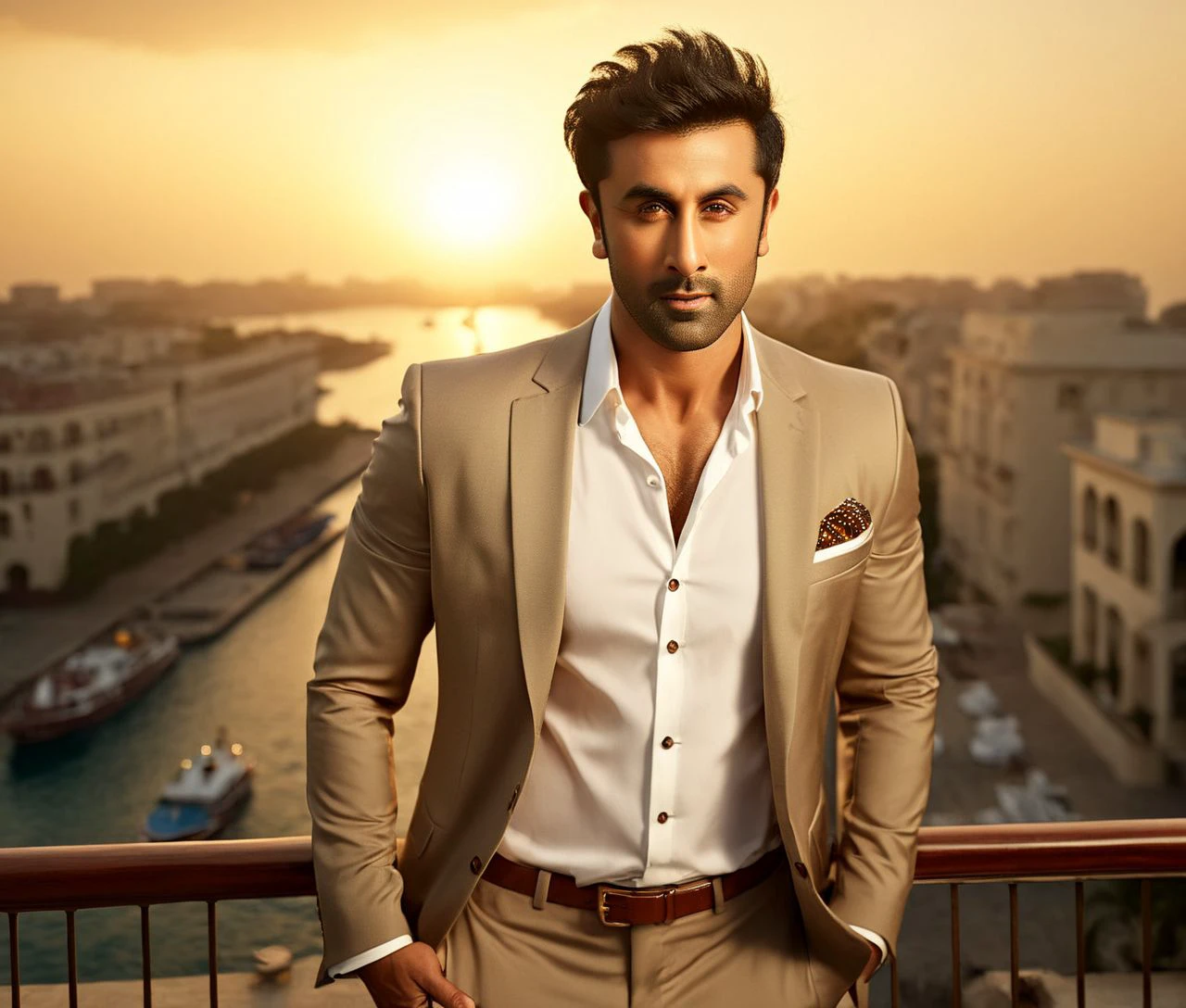 Nautical-themed (Photo:1.3) of (Ultrarealistic:1.3) <lora:Man_Men_FFashion:1> ranbir kapoor a man <lora:ranbir-kapoor:1> in a tan suit standing on a balcony, sun behind him, inspired by Pablo Munoz Gomez, shot at golden hour, editorial photograph, midshot of a hunky, by Roman Bezpalkiv, by Artur Tarnowski, maxim sukharev, by Gabor Szikszai,Highly Detailed,(Mono Color:1.3) . Sea, ocean, ships, maritime, beach, marine life, highly detailed
