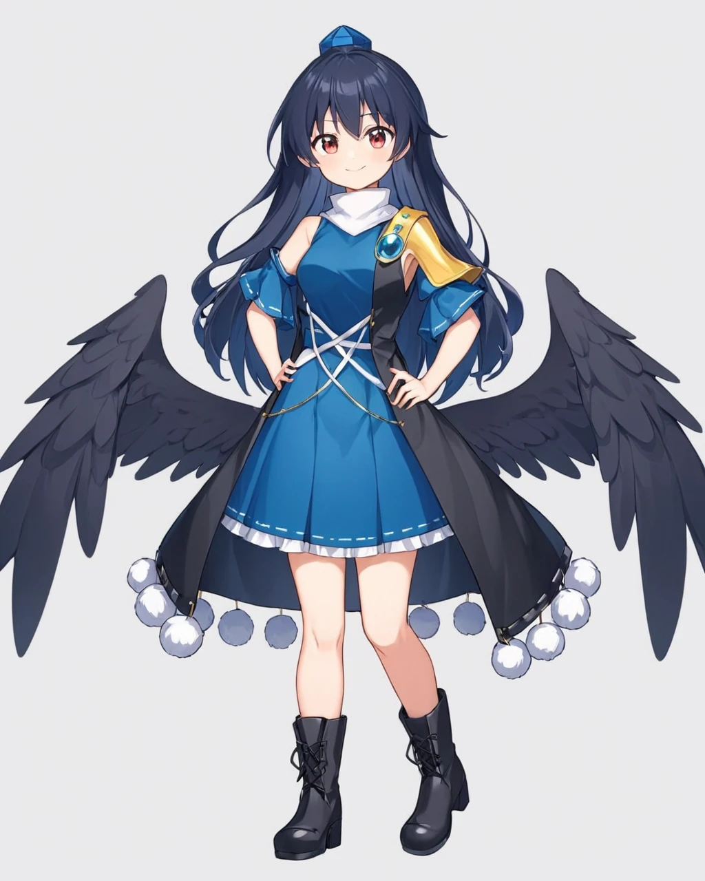 iizunamaru megumu,1girl, solo, blue_dress, sleeveless_coat, white_background, boots, simple_background, smile, full_body, pom_pom_\(clothes\), black_wings, black_footwear, closed_mouth, sleeveless, bare_shoulders, hand_on_hip, gem, tokin_hat, looking_at_viewer, adapted_costume, medium_breasts, jewelry, black_coat, standing, turtleneck, sweater_dress, cross-laced_footwear, no_headwear, alternate_costume, belt
<lora:iizunamaru_megumu_image856_2023-12-20-000015:1>,star-shaped_pupils,symbol-shaped_pupils,. gorgeous,key visual, vibrant, studio anime,award-winning, professional, highly detailed,high budget, cinemascope