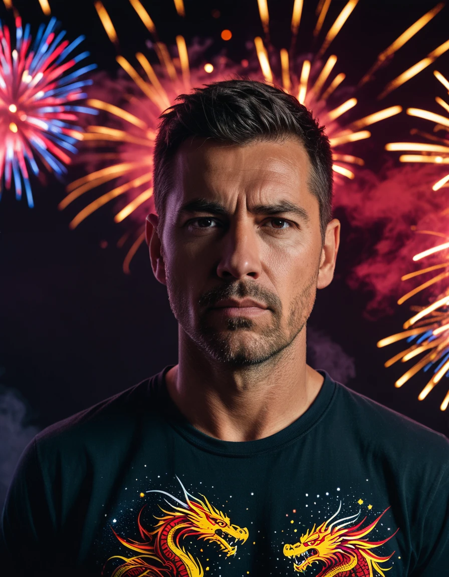 Close-up portrait of a man, tense expression, fireworks backdrop, dramatic lighting, dragon tshirt design