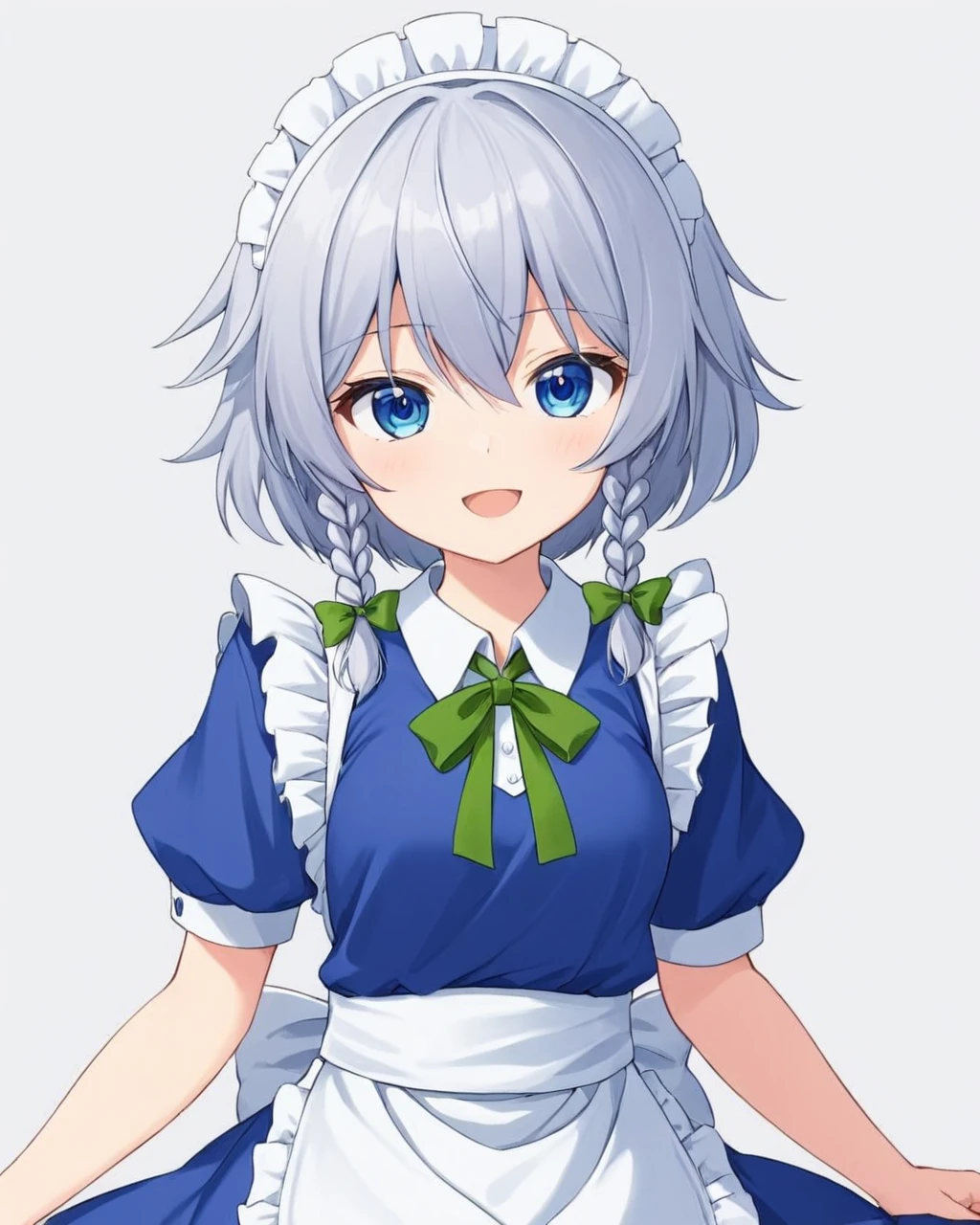 izayoi sakuya,1girl, solo, maid_headdress, maid, blue_dress, open_mouth, twin_braids, looking_at_viewer, green_bow, smile, white_background, simple_background, hair_bow, puffy_short_sleeves, frills, green_ribbon, neck_ribbon, white_apron, maid_apron, shirt, waist_apron
<lora:izayoi_sakuya_image4179_2023-12-11-000007:1>,star-shaped_pupils,symbol-shaped_pupils,. gorgeous,key visual, vibrant, studio anime,award-winning, professional, highly detailed,high budget, cinemascope