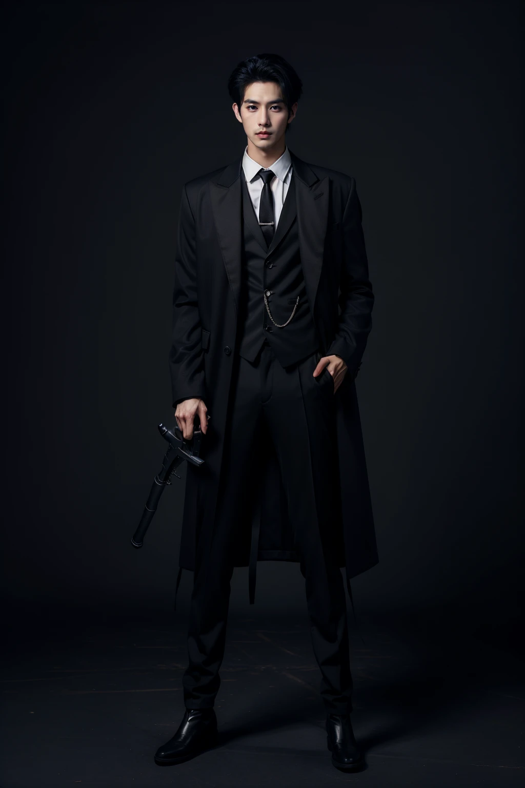 sd mai,Suit thug,solo,necktie,1boy,weapon,male focus,pants,gun,shirt,black hair,black pants,black footwear,holding weapon,hand in pocket,black necktie,holding,white shirt,collared shirt,black vest,looking at viewer,coat,holding gun,vest,standing,full body,closed mouth,black coat,long sleeves,black background,open coat,formal,open clothes,short hair,
<lora:è¥¿è£æ´å¾Suit thug:0.8>,