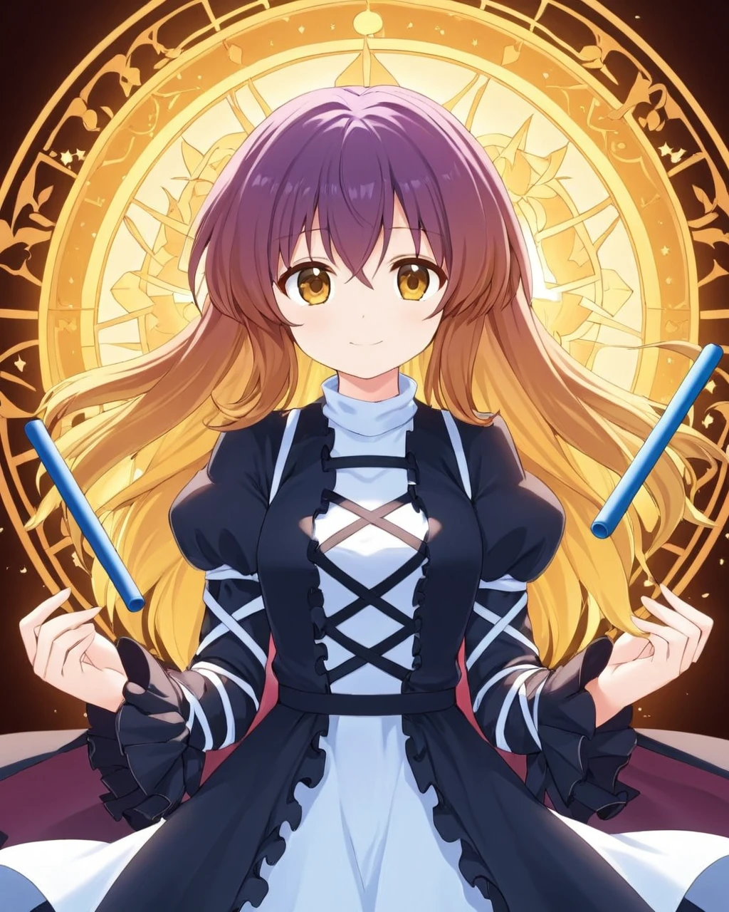 hijiri byakuren,1girl, sorcerer's_sutra_scroll, solo, smile, looking_at_viewer, layered_dress, white_dress, juliet_sleeves, black_dress, scroll
<lora:hijiri_byakuren_image2907_2023-12-20:1>,star-shaped_pupils,symbol-shaped_pupils,. gorgeous,key visual, vibrant, studio anime,award-winning, professional, highly detailed,high budget, cinemascope