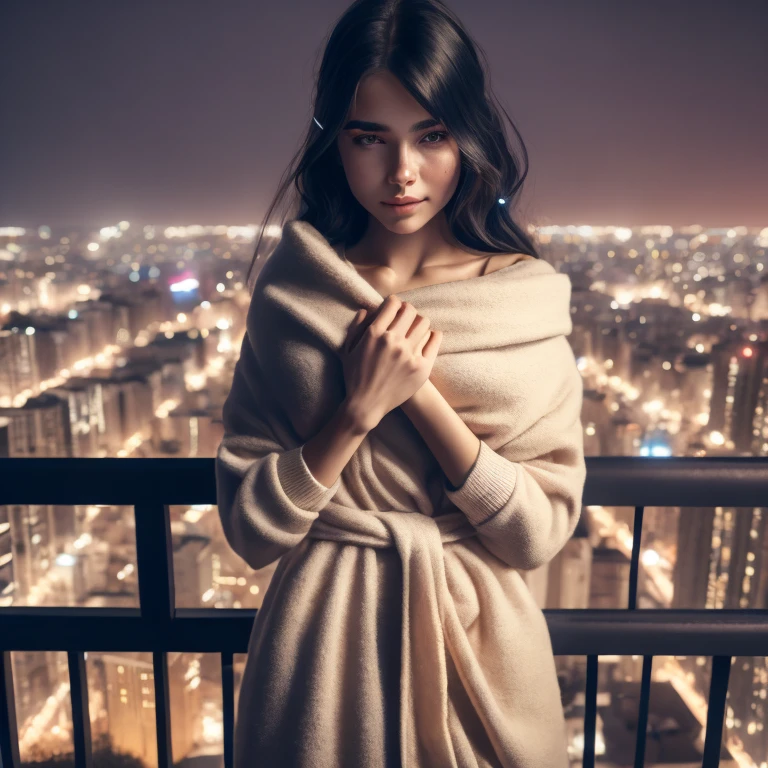 1girl,  A woman stands on the edge of her balcony, looking out at twinkling city lights below as she holds onto tightly wrapped arms with both hands while clutching something precious close against herself - perhaps it's an old photo or a memento from someone dear to you., comic style, hires, uhd, 8k