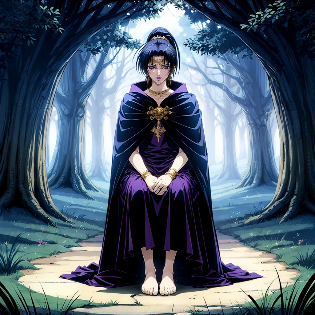 <lora:Karla002:0.7>,<lora:add_detail:1>,<lora:boldline:-0.3>,<lora:noline:0.3>,
Karla,1girl,
ponytail,black hair,purple eyes,purple lips,
circlet,necklace,earrings,
black dress,cloak,
full body,nature,sitting,