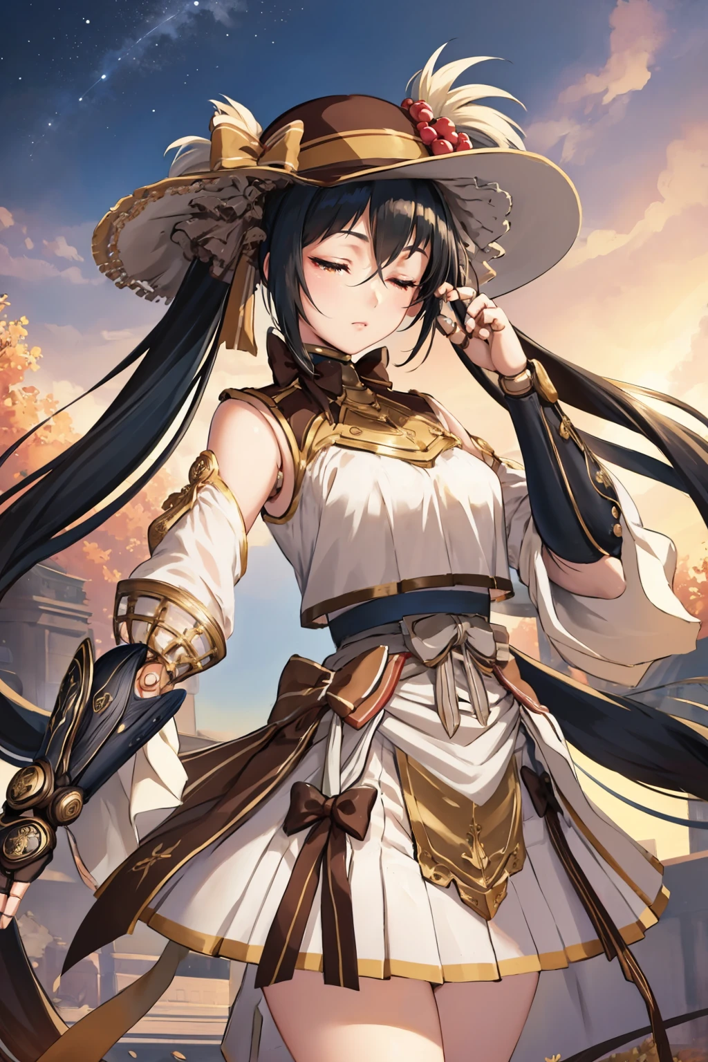 masterpiece, best quality, <lora:ysdoll-nvwls-v1-000010:0.9> ysdoll, doll joints, twintails, brown hat, bow, white dress, pleated skirt, detached sleeves, vambraces, closed eyes, upper body, looking at viewer, expressionless, night sky, village