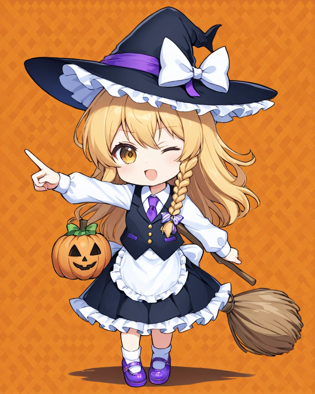 kirisame marisa,1girl, solo, witch_hat, one_eye_closed, star_\(symbol\), white_socks, open_mouth, long_sleeves, white_bow, argyle_background, chibi, full_body, necktie, hat_bow, skirt, jack-o'-lantern, vest, white_shirt, single_braid, pointing, shoes, frills, waist_apron, hair_bow, hair_ornament, looking_at_viewer, halloween, striped, pumpkin, bag, purple_footwear, dress, holding_broom, plaid
<lora:kirisame_marisa_image6213_2023-12-11-000007:1>,star-shaped_pupils,symbol-shaped_pupils,. gorgeous,key visual, vibrant, studio anime,award-winning, professional, highly detailed,high budget, cinemascope