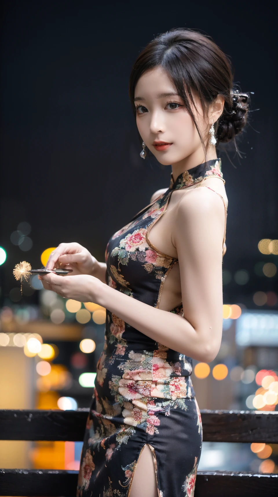 (8k, RAW photo, best quality, masterpiece:1.2), (realistic, photo-realistic:1.4), (extremely detailed 8k wallpaper), Japanese 20 age woman,she is wearing a cheongsam,The background is Chinatown,Her beautiful legs attract attention from all around her.She is embarrassed by the gaze of those around her