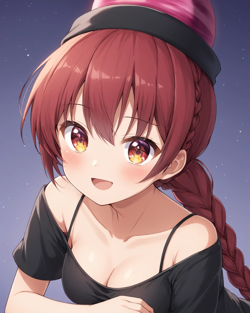hecatia lapislazuli, 1girl, solo, cleavage, looking_at_viewer, smile, blush, open_mouth, collarbone, black_shirt, medium_breasts, braid, polos_crown
<lora:hecatia_lapislazuli_image2747_2023-12-20:1>,star-shaped_pupils,symbol-shaped_pupils,. gorgeous,key visual, vibrant, studio anime,award-winning, professional, highly detailed,high budget, cinemascope