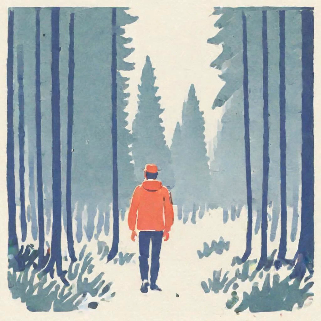 ASCIIIllustration ,man camper, facing, looking at camera, walking, deep forest, on a white background