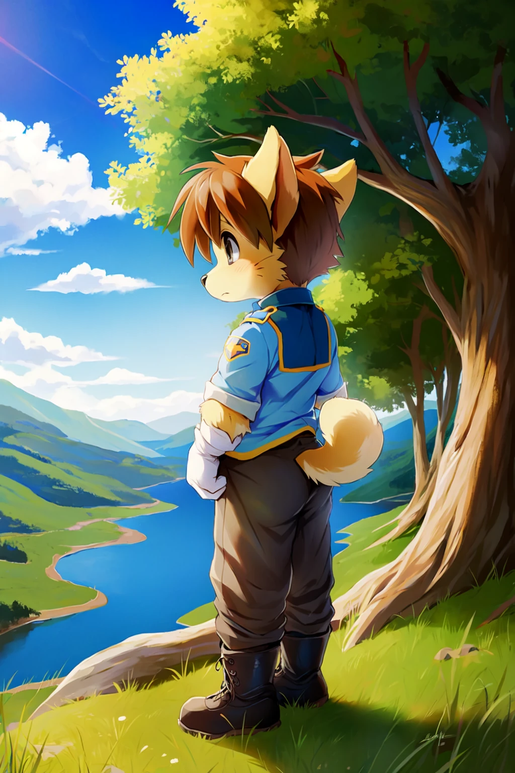 waffletc, 1boy, solo, realistic, (by dagasi:0.7), (from behind:1.5), looking away, furry, furry male, brown hair, dog boy, tail, hands on hips, short hair, looking at landscape, standing on cliff, full body, police uniform, whiskers, grey eyes, gloves, short sleeves, pants, boots, animal ears, standing, (masterpiece, best quality:1.3), detailed background, beautiful landscape, tree, outdoors, river, 8k, hdr <lora:waffleTC:1>