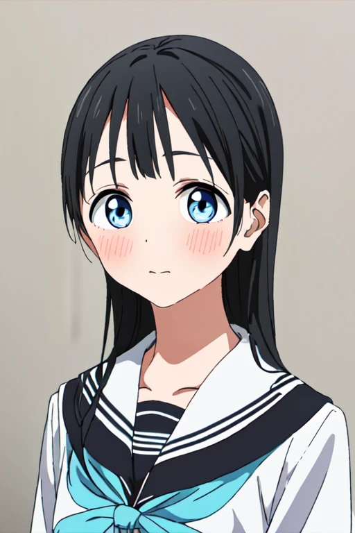 <lora:KomichiAkemiR4:0.7>,KomichiAkemiR4, blue eyes, black hair, 1girl, portrait, looking at viewer, simple background, school uniform, white shirt, serafuku