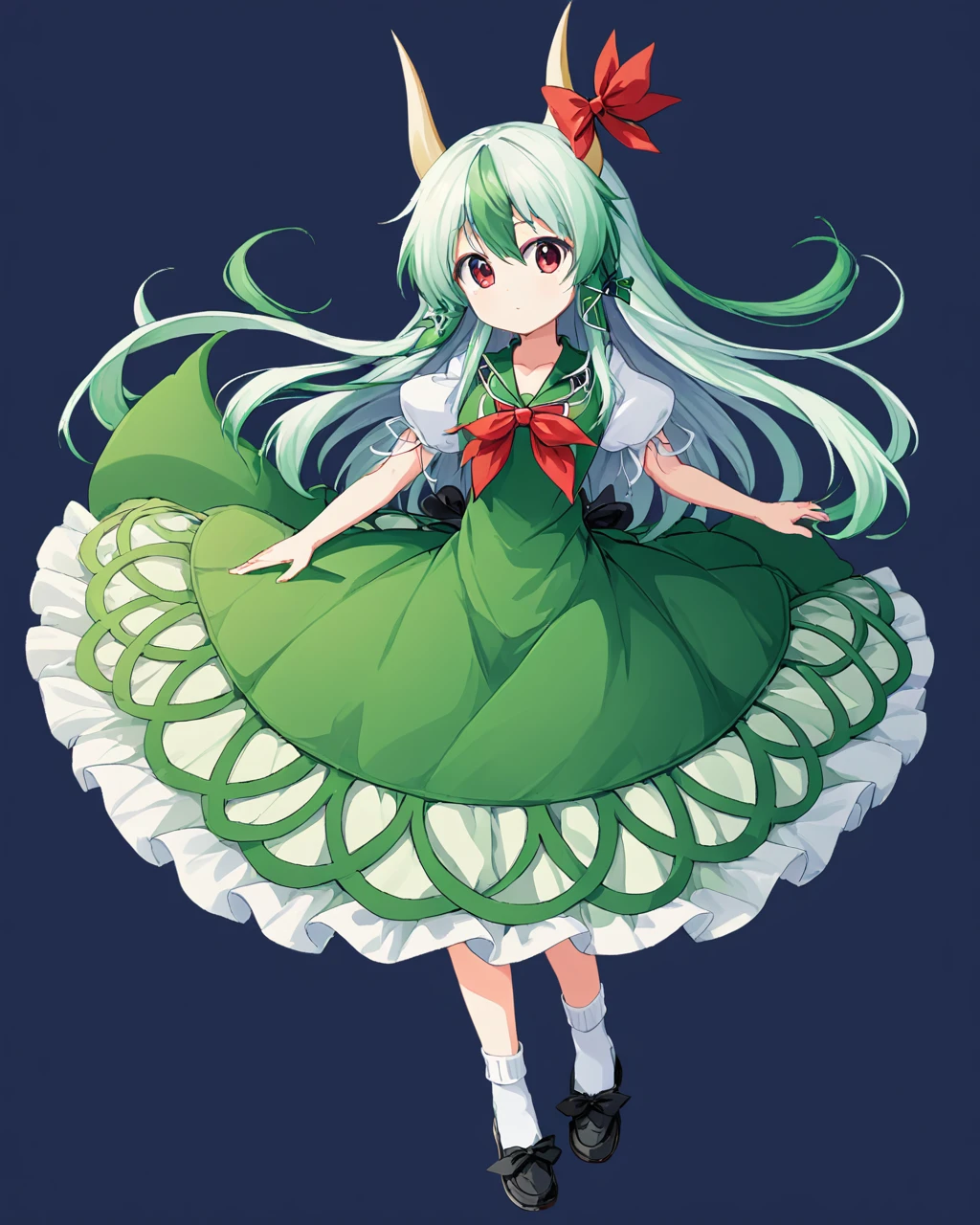 kamishirasawa keine,1girl, solo, scroll, green_dress, full_body, tail, horn_bow, horn_ribbon, puffy_short_sleeves, white_socks, shoes, transparent_background, black_footwear, neckerchief, tachi-e
<lora:kamishirasawa_keine_image2095_2023-12-14-000010:1>,star-shaped_pupils,symbol-shaped_pupils,. gorgeous,key visual, vibrant, studio anime,award-winning, professional, highly detailed,high budget, cinemascope