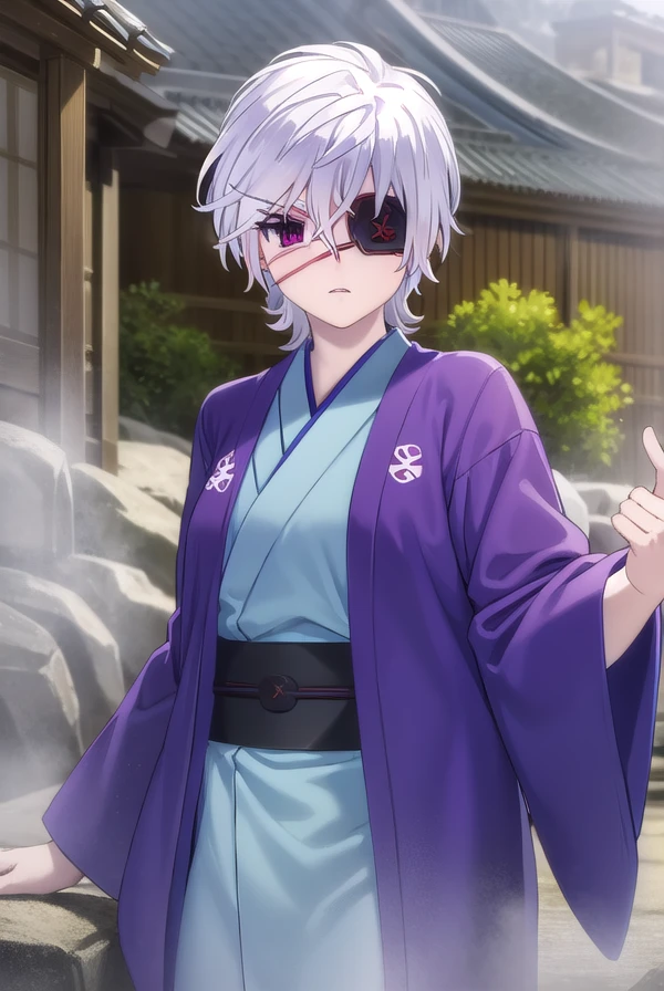 oboroshintou, <lora:oboro shintou s1-lora-nochekaiser:1>,
oboro shintou, (purple eyes:1.1), white hair, (eyepatch:1.5),
BREAK japanese clothes, kimono, blue kimono, haori,
BREAK outdoors, hot spring, onsen,
BREAK looking at viewer, (cowboy shot:1.5),
BREAK <lyco:GoodHands-beta2:1>, (masterpiece:1.2), best quality, high resolution, unity 8k wallpaper, (illustration:0.8), (beautiful detailed eyes:1.6), extremely detailed face, perfect lighting, extremely detailed CG, (perfect hands, perfect anatomy),