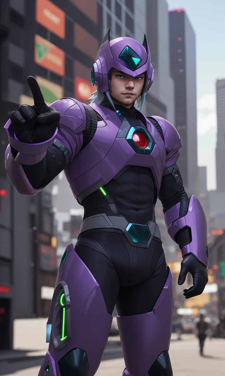 mgmgrv2023, 1boy, best quality, masterpiece, 5 fingers, depth of field, intricate, photorealistic, purple armor, green accents, powerful,cyberpunk city,