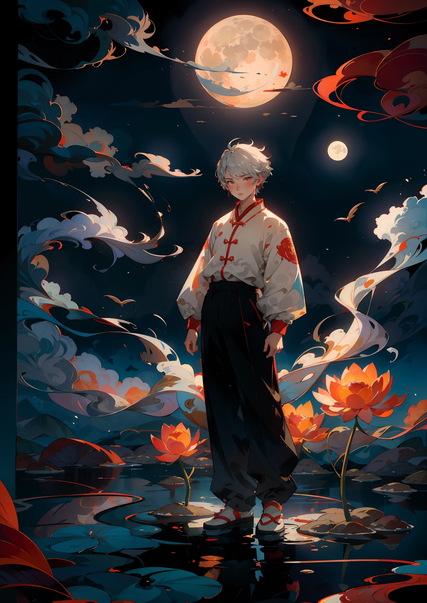 masterpiece,best quality,chinese new year,1boy,solo,full body,looking at viewer,white hair,moon,dress,chinese clothes,simple background,cndstyle,pose,cloud,water,ocean,chinese_knot,gold coins,yuanbao,phoenix,lotus,jasmine,pants,<lora:Chinese New Year's Eve_v01:0.6>,