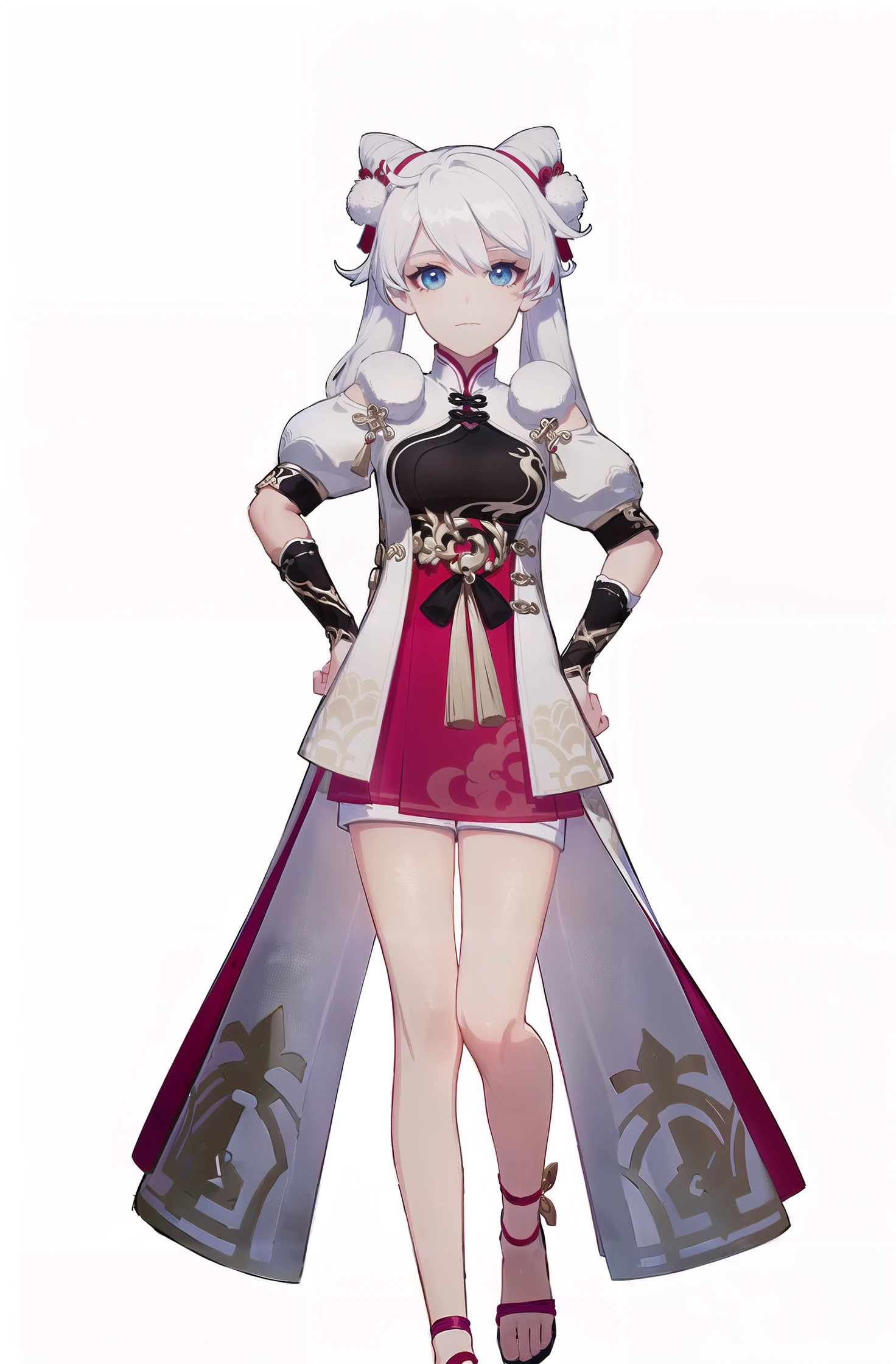 8k, best quality, masterpiece, (ultra-detailed:1.1), (high detailed skin),
(full body:1.2), white background, standing, looking at viewer, (solo:1.4), hand on hip,
<lora:xuetu-yz-v100:0.8:lbw=OUTALL>, xuetu, blue eyes, white hair, chinese clothes, double bun, bangs, short dress,
(white background, simple background:1.5),
(beautiful_face), ((intricate_detail)), clear face,
((finely_detailed)), fine_fabric_emphasis,
((glossy)), full_shot