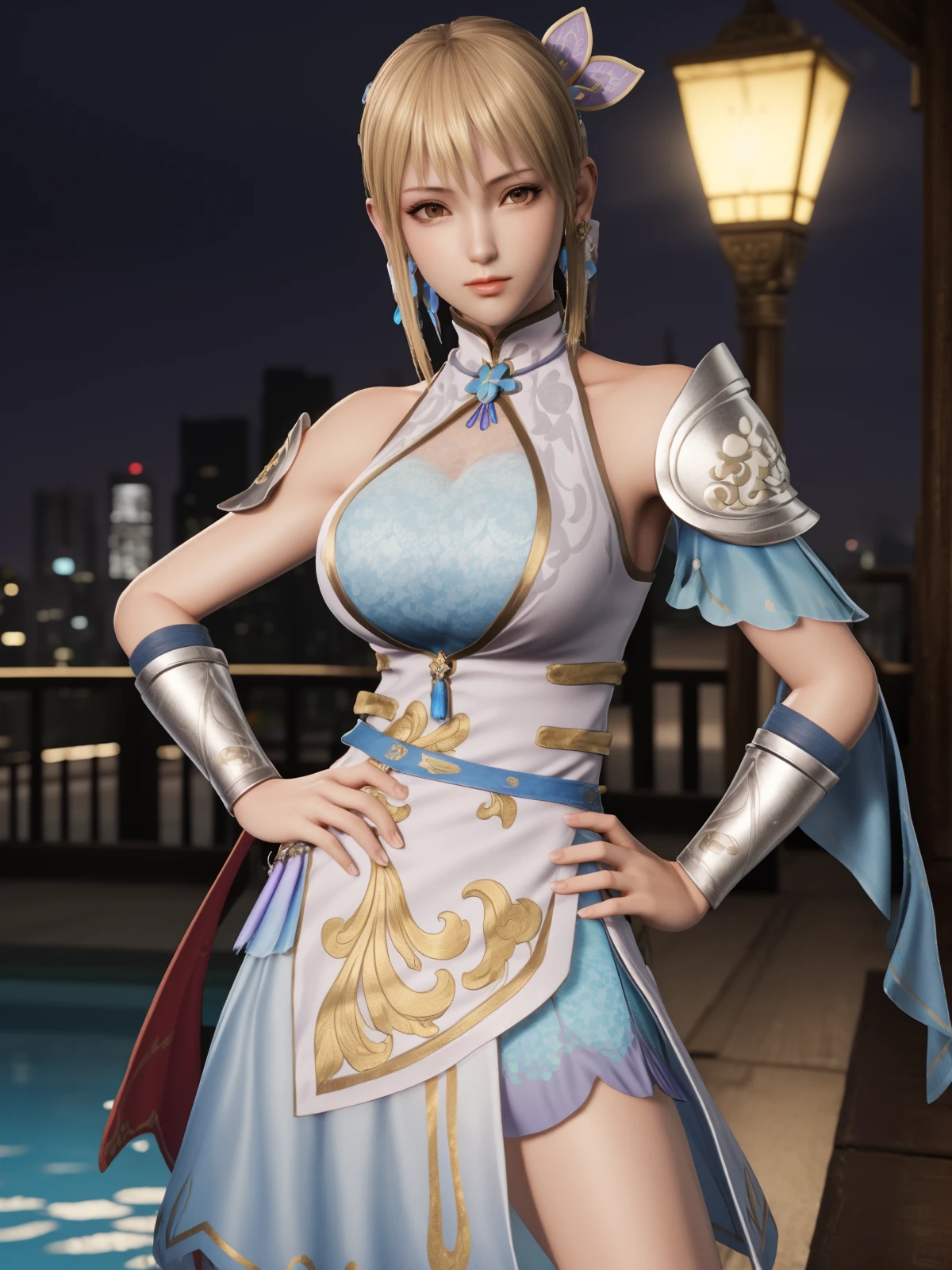 <lora:ZSWSwangyuanji:0.75>,ZSWSwangyuanji, 1girl, solo, jewelry, blonde hair, earrings, hair ornament, armor, brown eyes, shoulder armor,dress,belt,sash,cityscape, night, pool, looking at viewer, cowboy shot,