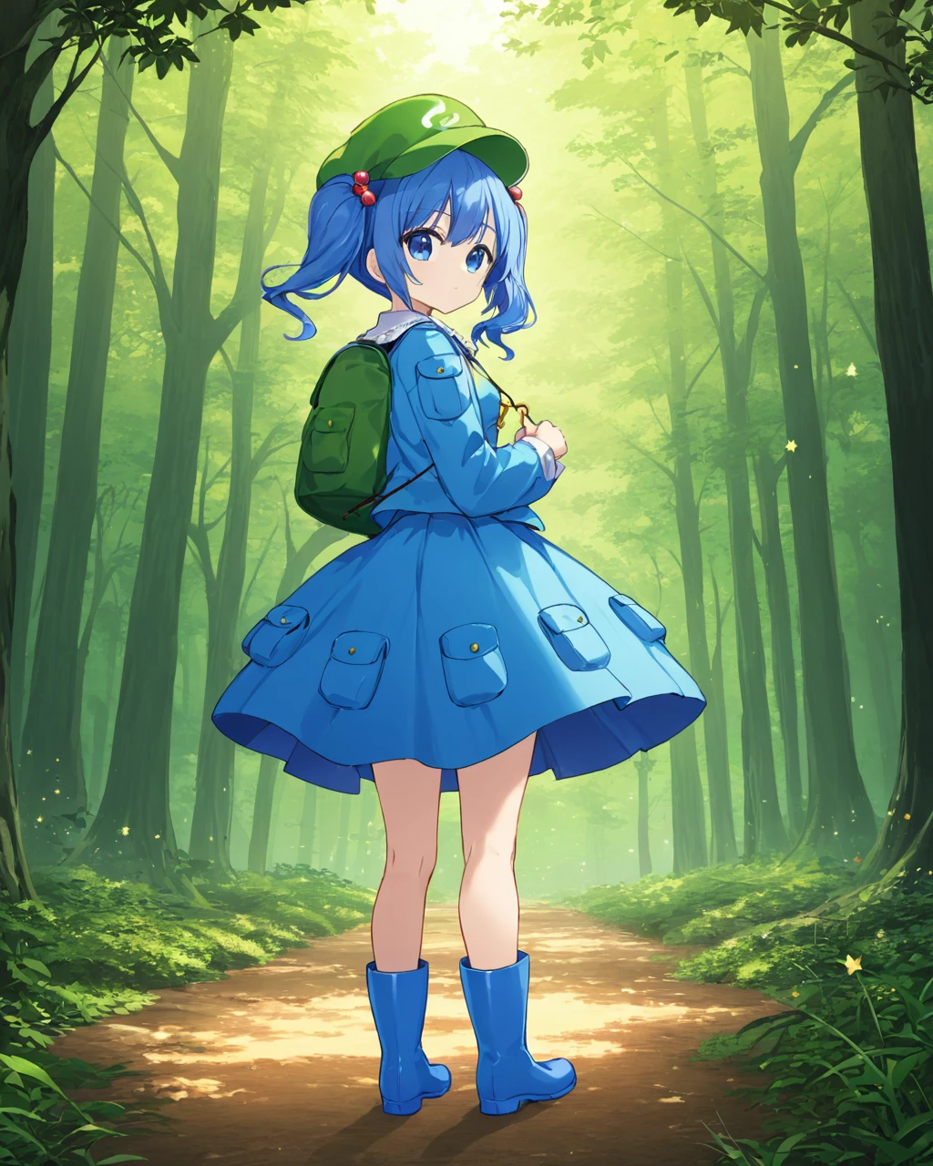 kawashiro nitori,1girl, solo, backpack, hair_bobbles, green_headwear, long_sleeves, looking_at_viewer, blue_footwear, blue_skirt, rubber_boots, two_side_up, tree, outdoors, blue_shirt, green_bag, looking_back, flat_cap, day, forest, pocket, standing, skirt_set, closed_mouth, knee_boots, twintails, from_behind
<lora:kawashiro_nitori_image4714_2023-12-17:1>,star-shaped_pupils,symbol-shaped_pupils,. gorgeous,key visual, vibrant, studio anime,award-winning, professional, highly detailed,high budget, cinemascope