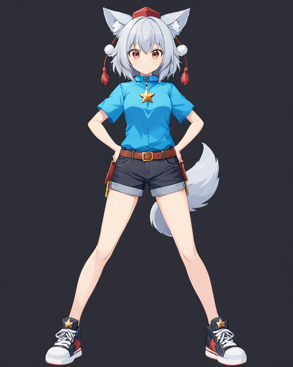 inubashiri momiji,1girl, full_body, wolf_tail, simple_background, black_footwear, alternate_costume, tokin_hat, solo, hand_on_hip, belt, closed_mouth, denim_shorts, contemporary, sneakers, standing, looking_at_viewer, blue_shirt, red_headwear, grey_background, short_shorts, black_background, jewelry, casual
<lora:inubashiri_momiji_image8018_2023-12-20-000007:1>,star-shaped_pupils,symbol-shaped_pupils,. gorgeous,key visual, vibrant, studio anime,award-winning, professional, highly detailed,high budget, cinemascope