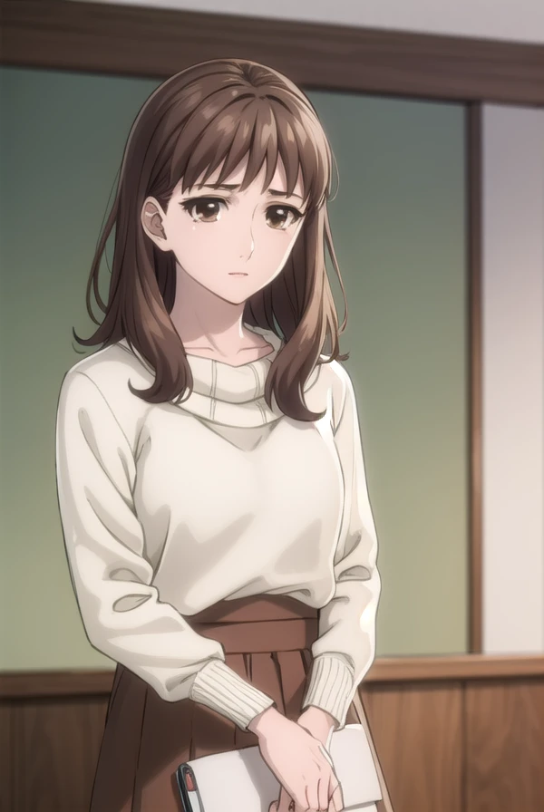 ariematsushima, <lora:arie matsushima s1-lora-nochekaiser:1>,
arie matsushima, long hair, brown hair, (brown eyes:1.5),
BREAK skirt, long sleeves, sweater, makeup, lipstick, long skirt, brown skirt, white sweater,
BREAK indoors, office,
BREAK looking at viewer, (cowboy shot:1.5),
BREAK <lyco:GoodHands-beta2:1>, (masterpiece:1.2), best quality, high resolution, unity 8k wallpaper, (illustration:0.8), (beautiful detailed eyes:1.6), extremely detailed face, perfect lighting, extremely detailed CG, (perfect hands, perfect anatomy),