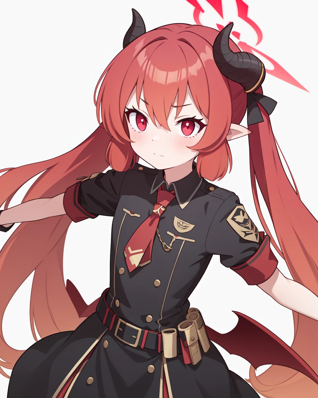 1girl, solo, ribbon, hair between eyes, twintails, very long hair,, red hair,  necktie, horns, pointy ears, belt, red eyes, black ribbon, halo, red necktie, demon horns, demon wings , junko (blue archive), 8K, masterpiece, beautiful