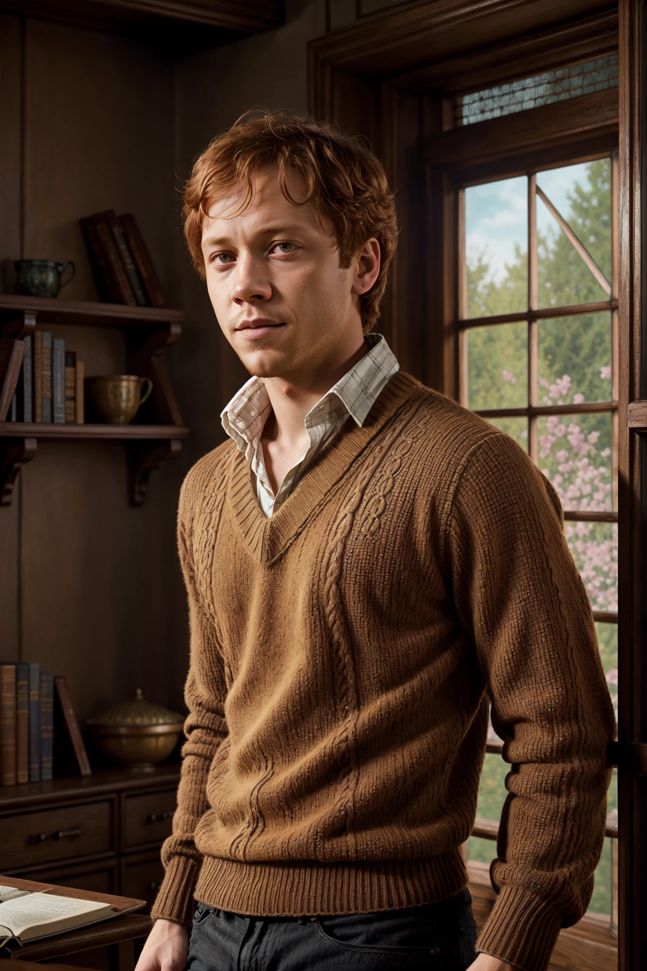 (RWRG, a male, a boy, night, 20 years old, natural tanned skin, perfect face, ginger short hair:1.2), ( a good looking man wearing a brown sweater, close up, at Hogwarts:1.3), detailed, hdr, epic background, line art, digital illustration, comic style, dynamic, highly detailed, artstation, concept art, smooth, sharp focus, illustration, Thomas Moran style, art by Carne Griffiths and Wadim Kashin, detailed background, 60-30-10 color rule, warm tones, godrays, unreal engine, greg rutkowski, loish, rhads, beeple, makoto shinkai and lois van baarle, ilya kuvshinov, rossdraws, tom bagshaw, alphonse mucha, global illumination, detailed and intricate environment <lora:more_details:0.25> <lyco:GoodHands-beta2:1.0>