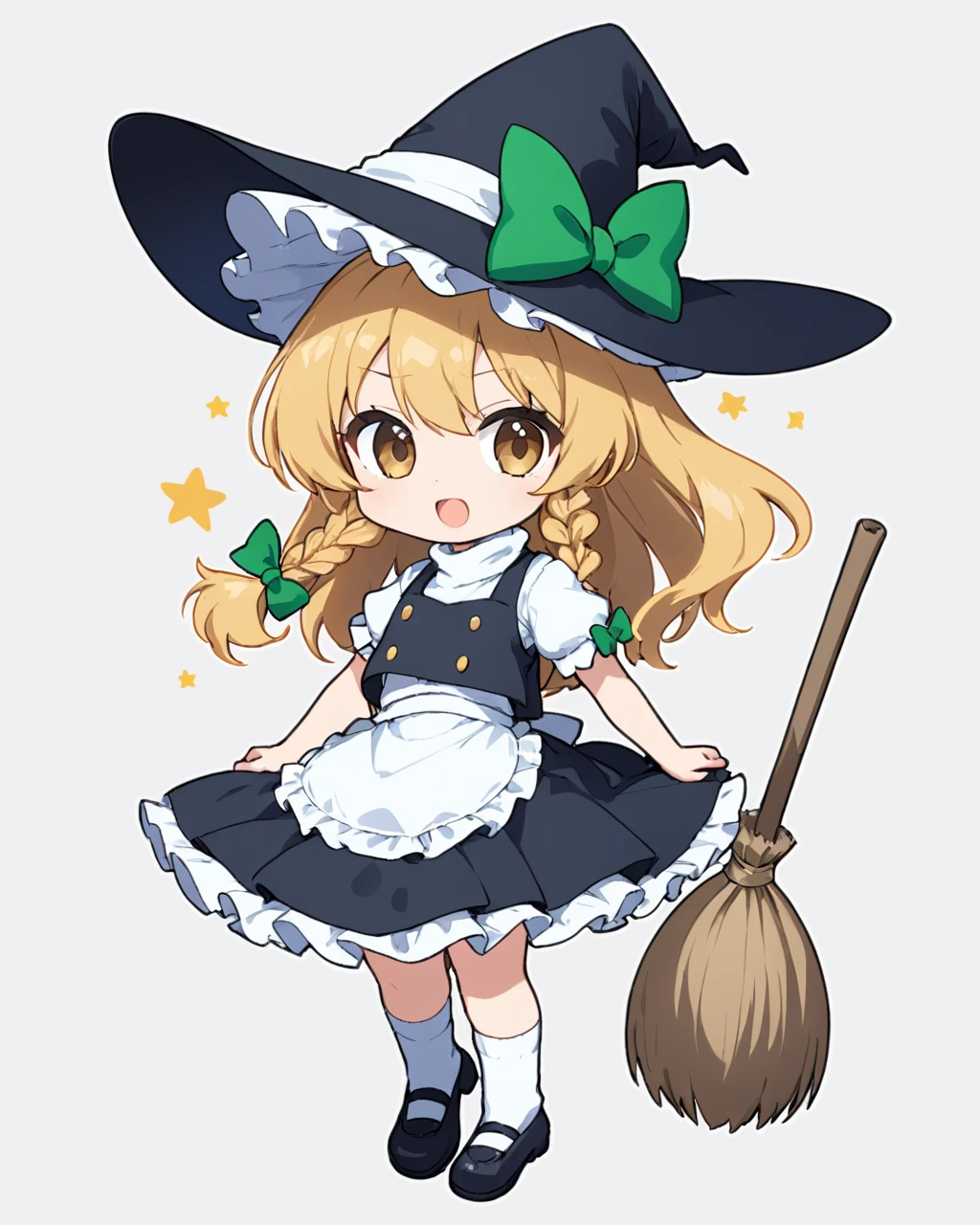 kirisame marisa,1girl, solo, witch_hat, broom, open_mouth, chibi, single_braid, mary_janes, waist_apron, looking_at_viewer, black_footwear, :d, white_bow, white_background, puffy_short_sleeves, black_skirt, black_vest, full_body, hat_bow, simple_background, v-shaped_eyebrows, frilled_skirt, white_socks, hair_bow, white_shirt, turtleneck, skirt_set, side_braid, bobby_socks, green_bow, black_headwear
<lora:kirisame_marisa_image6213_2023-12-11-000007:1>,star-shaped_pupils,symbol-shaped_pupils,. gorgeous,key visual, vibrant, studio anime,award-winning, professional, highly detailed,high budget, cinemascope