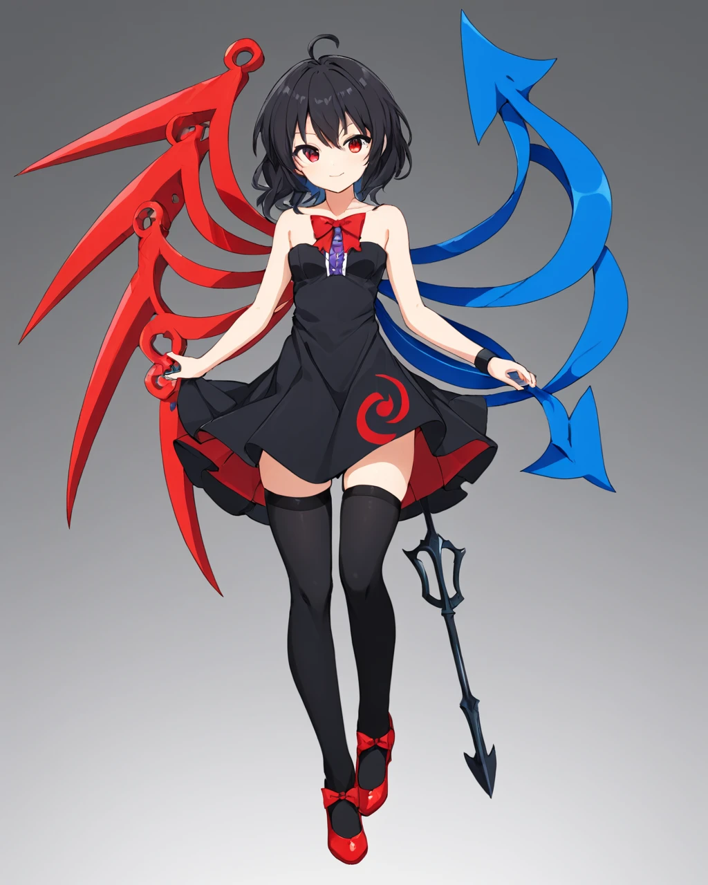 houjuu nue,1girl, solo, asymmetrical_wings, trident, red_footwear, black_dress, black_thighhighs, full_body, looking_at_viewer, smile, high_heels, grey_background, collarbone, arms_behind_back, bare_shoulders, simple_background, strapless_dress, zettai_ryouiki, blue_wings, standing, red_bowtie, holding_weapon, short_dress, closed_mouth, red_wings, adapted_costume, shoes
<lora:houjuu_nue_image7311_2023-12-20:1>,star-shaped_pupils,symbol-shaped_pupils,. gorgeous,key visual, vibrant, studio anime,award-winning, professional, highly detailed,high budget, cinemascope