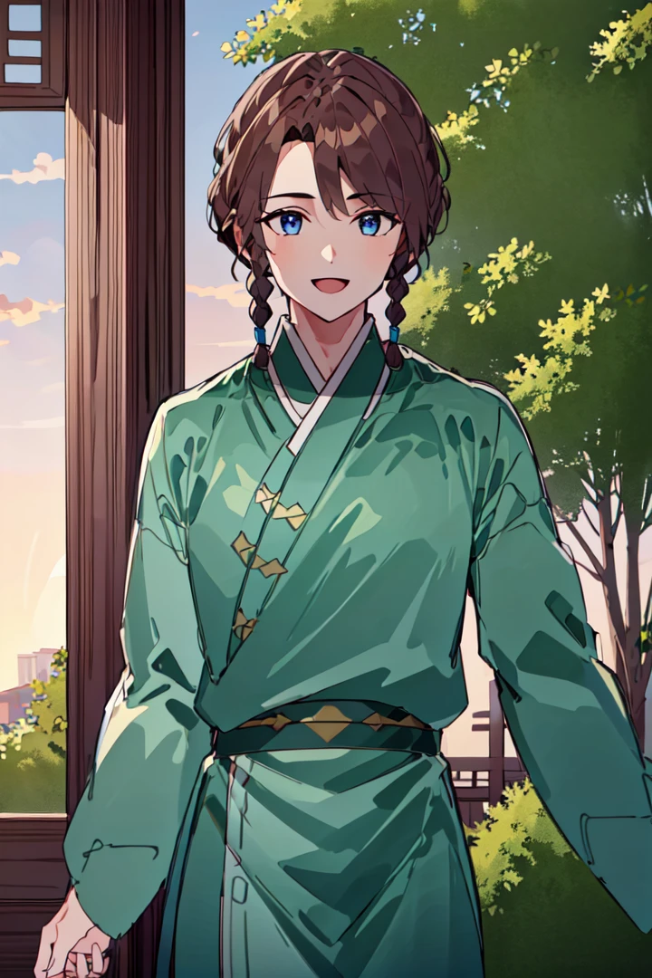 1boy, (Highest picture quality), (Master's work), (ultra-detailed), (Detailed eye description:1.2), (masterpiece, best quality, high quality, highres, ultra-detailed), solo, dark blue eyes, brown hair, braids, asymmetrical bangs, (bunch top of head:1.3), green clothes, trees, leaves in air, warm atmosphere, sunny day, walk throw street, chinese style, city, street, smiles, :D , back to the viewer, <lora:HuJia2:1>