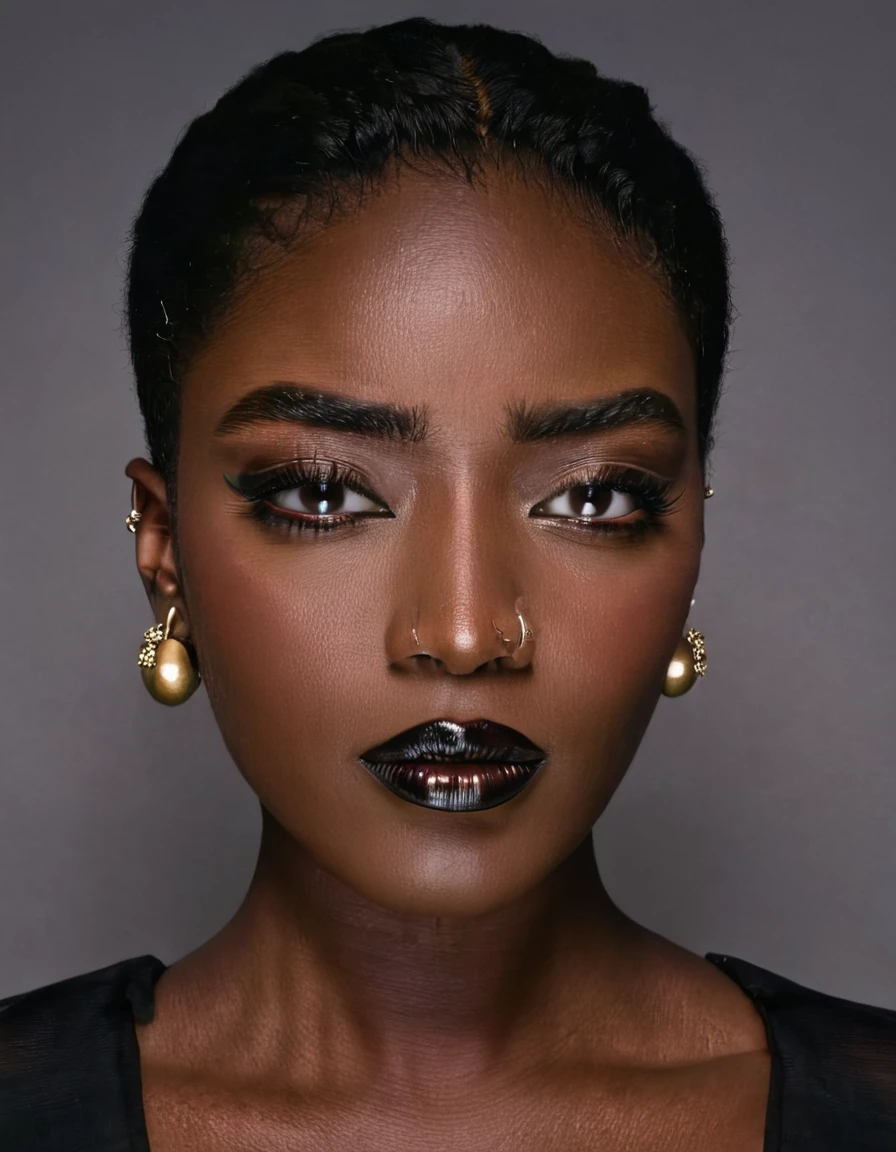 very dark skin, jewelry, earrings, dark-skinned female, black hair, black eyes, very short hair, portrait, mole on cheek, makeup, parted lips, eyeshadow, realistic, looking at viewer, black shirt, piercing, nose, mole above mouth, simple background, close-up, eyeliner, thick eyebrows, lipstick, shadow, teeth
<lora:Modern_MakeUp-000003:.75>, , <lora:FILM_PHOTOGRAPHY_STYLE:0.25>