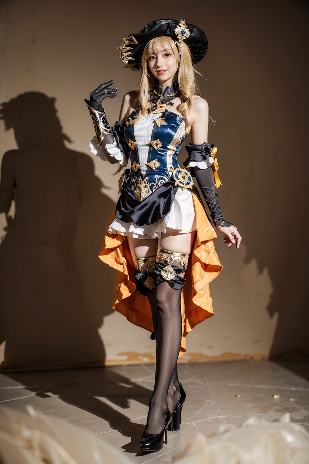 best quality, masterpiece, photorealistic, 1girl, solo, standing, full body, looking at viewer, closed mouth, smile, navia cosplay costume, navia, cosplay, blonde hair, hat, headwear, dress, detached sleeves, bare shoulders, single glove, thighhighs, print legwear, high heels, breasts, <lora:genshin_Navia_cosplay_v1:0.7>