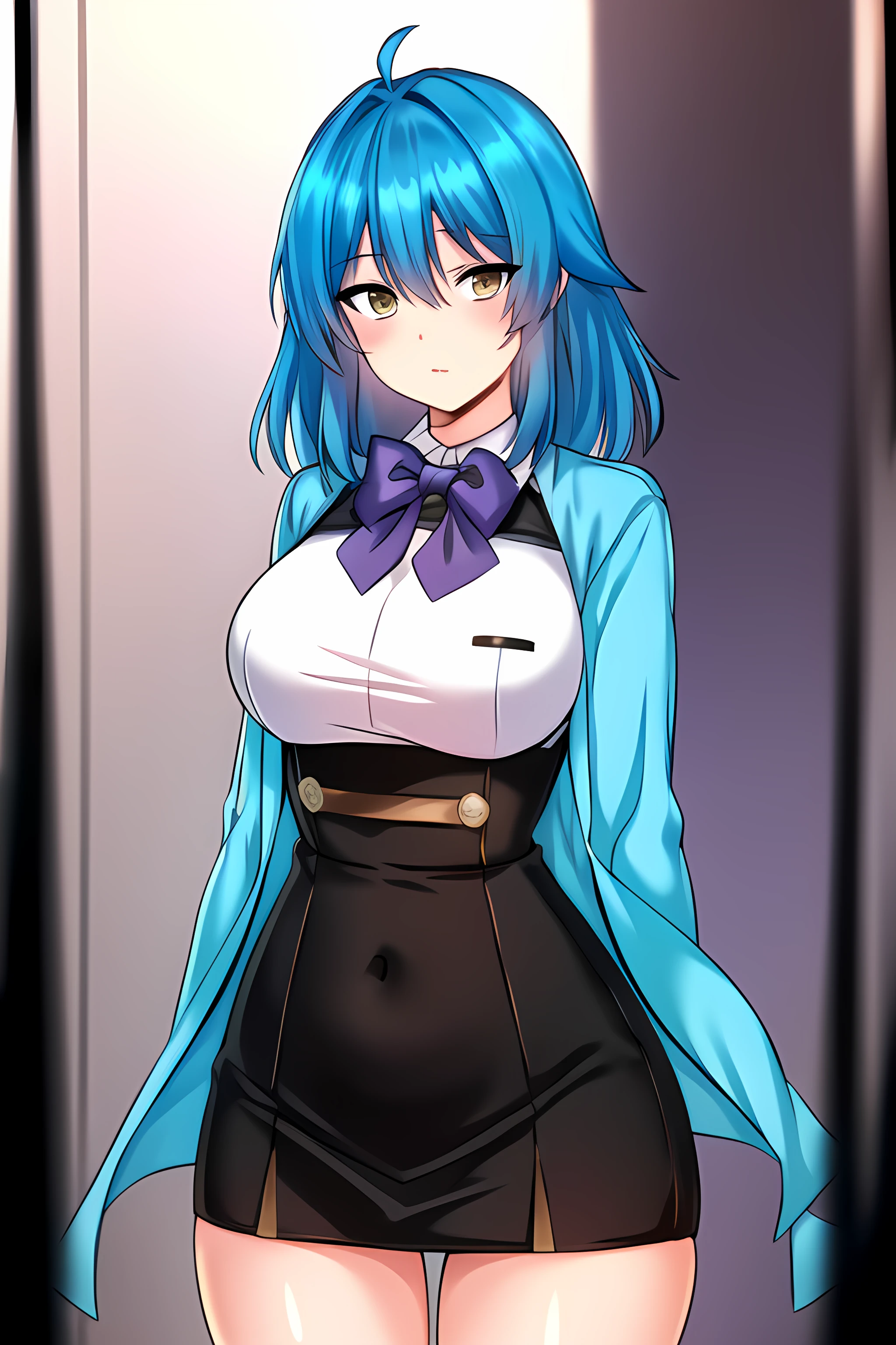 ((masterpiece, best quality)), 1girl, standing,solo, ahoge, lucy \(uniform\) \(seka\), bangs, blue_hair, blue jacket, blush, breasts,cowboy_shot,eyebrows_visible_through_hair, hair_between_eyes,large_breasts, long_sleeves, looking_at_viewer, shirt, skirt, white_shirt, yellow_eyes,purple_bow, purple_bowtie,,,,,,,extremely detailed CG unity 8k wallpaper, perfect lighting,Colorful, Bright_Front_face_Lighting,White skin, (masterpiece:1.0),(best_quality:1.0), ultra high res,4K,ultra-detailed, photography, 8K, HDR, highres, absurdres:1.2, Kodak portra 400, film grain, blurry background, bokeh:1.2, lens flare, vibrant_color,professional photograph,bow breasts, (beautiful_face:1),(narrow_waist),(Beautiful  large breasts),Beautiful Finger,Beautiful long legs,Beautiful body,Beautiful Nose,Beautiful character design, perfect face,perfect balance,(2d)