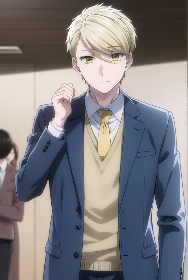 ryouamakusa, <lora:ryou amakusa s1-lora-nochekaiser:1>,
ryou amakusa, short hair, blonde hair, (yellow eyes:1.5), male focus, smile,
BREAK shirt, long sleeves, jacket, white shirt, necktie, pants, formal, blazer, suit, red necktie,
BREAK indoors, office,
BREAK looking at viewer, (cowboy shot:1.5),
BREAK <lyco:GoodHands-beta2:1>, (masterpiece:1.2), best quality, high resolution, unity 8k wallpaper, (illustration:0.8), (beautiful detailed eyes:1.6), extremely detailed face, perfect lighting, extremely detailed CG, (perfect hands, perfect anatomy),