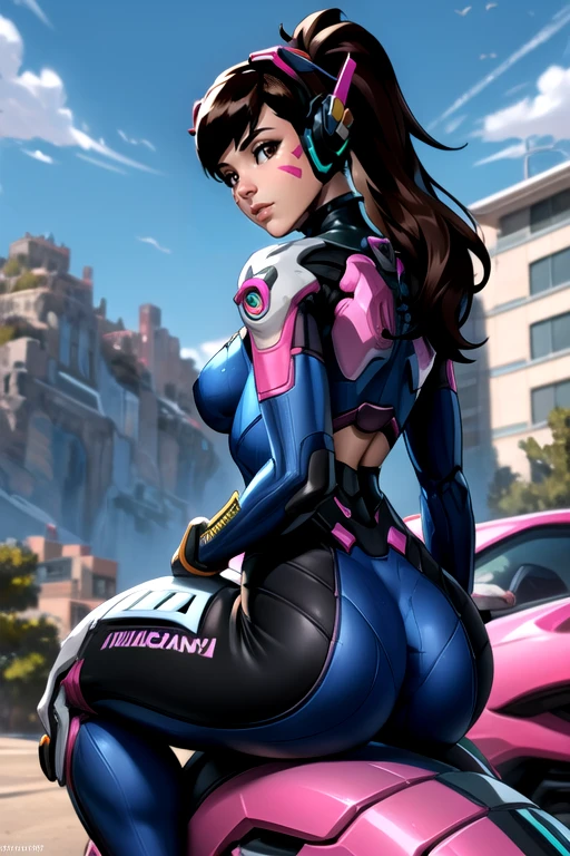 masterpiece,best quality,<lora:dva:0.8>, dva,1girl,solo,long hair,breasts,looking at viewer,bangs,brown hair,gloves,brown eyes,medium breasts,sitting,ponytail,ass,outdoors,sky,looking back,artist name,from behind,armor,lips,bodysuit,headphones,watermark,facial mark,robot,ground vehicle,mecha,skin tight,web address,motor vehicle,pilot suit,whisker markings,facepaint,motorcycle,meka (overwatch),