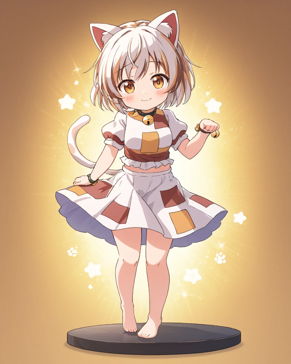 goutokuji mike,1girl, solo, barefoot, cat_tail, paw_pose, puffy_short_sleeves, jingle_bell, star_\(symbol\), :3, neck_bell, closed_mouth, multicolored_shirt, facing_viewer, multicolored_skirt, white_skirt, blush_stickers, full_body, smile, patch, white_shirt, maneki-neko, seiza
<lora:goutokuji_mike_image915_2023-12-20:1>,star-shaped_pupils,symbol-shaped_pupils,. gorgeous,key visual, vibrant, studio anime,award-winning, professional, highly detailed,high budget, cinemascope