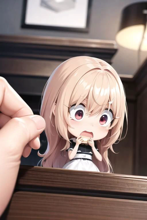 high aesthetic,best quality,masterpiece,highres,focus face,(woman,chibi),kawaii,standing on table,looking down,looking at body,looking surprised,looking shocked,open mouth, wavy mouth,weary eyebrows,(worried:1.2),