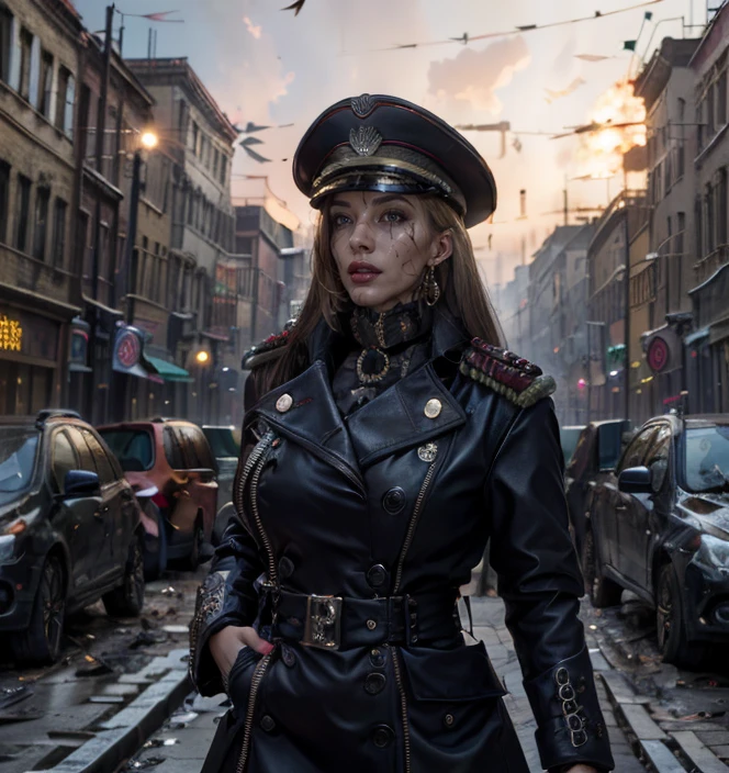 (masterpiece:1.2), (best quality,:1.2), 8k, HDR, ultra detailed, ((photorealistic)), professional light, cinematic lighting, fashion photography, ambient lighting, face lighting, Lara, <lora:Lara-10:1>, dynamic pose, earrings, choker, messy and long blonde hair, dark makeup, ((portrait shot)), OverallDetail, fhanddetail, ffacedetail, middle-aged, 50 years old, as commissar,<lora:detail_slider_v4:3>, looking at viewer, <lora:warhammer40commissarv2:1>, warhammer_40k_commissar, long black leather coat, skull emblems on cap and coat, in a ruined future city, fires burning in the background, clean face