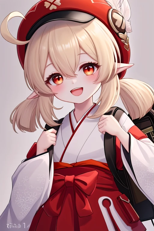 best quality, masterpiece, highres, solo, {white kimono:1.35}, {red hakama:1.35}, {wide sleeves:1.20}, {keli:1.15}, bangs, klee_\(genshin_impact\), twintails, ahoge, pointy_ears, low_twintails, long_hair, hair_between_eyes, hat, smile, sidelocks, red_headwear, open_mouth, clover_print, hat_feather, cabbie_hat, light_brown_hair, bag, :d, backpack, hat_ornament, red_eyes, orange_eyes, blonde_hair