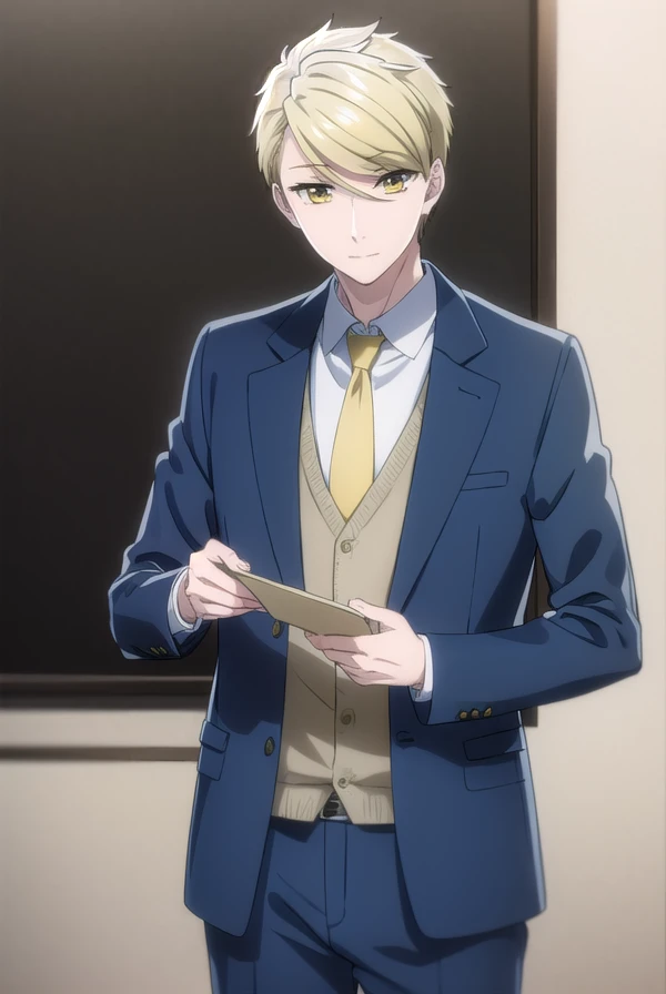 ryouamakusa, <lora:ryou amakusa s1-lora-nochekaiser:1>,
ryou amakusa, short hair, blonde hair, (yellow eyes:1.5), male focus, smile,
BREAK shirt, long sleeves, jacket, white shirt, necktie, pants, formal, blazer, suit, red necktie,
BREAK indoors, office,
BREAK looking at viewer, (cowboy shot:1.5),
BREAK <lyco:GoodHands-beta2:1>, (masterpiece:1.2), best quality, high resolution, unity 8k wallpaper, (illustration:0.8), (beautiful detailed eyes:1.6), extremely detailed face, perfect lighting, extremely detailed CG, (perfect hands, perfect anatomy),