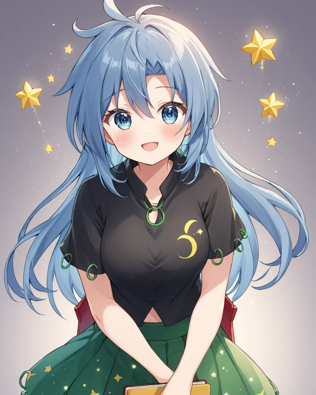 himemushi momoyo,1girl, randoseru, solo, open_mouth, blush, white_background, simple_background, short_sleeves, smile, black_shirt, book, red_bag, sparkle, green_skirt, alternate_costume
<lora:himemushi_momoyo_image586_2023-12-20-000015:1>,star-shaped_pupils,symbol-shaped_pupils,. gorgeous,key visual, vibrant, studio anime,award-winning, professional, highly detailed,high budget, cinemascope