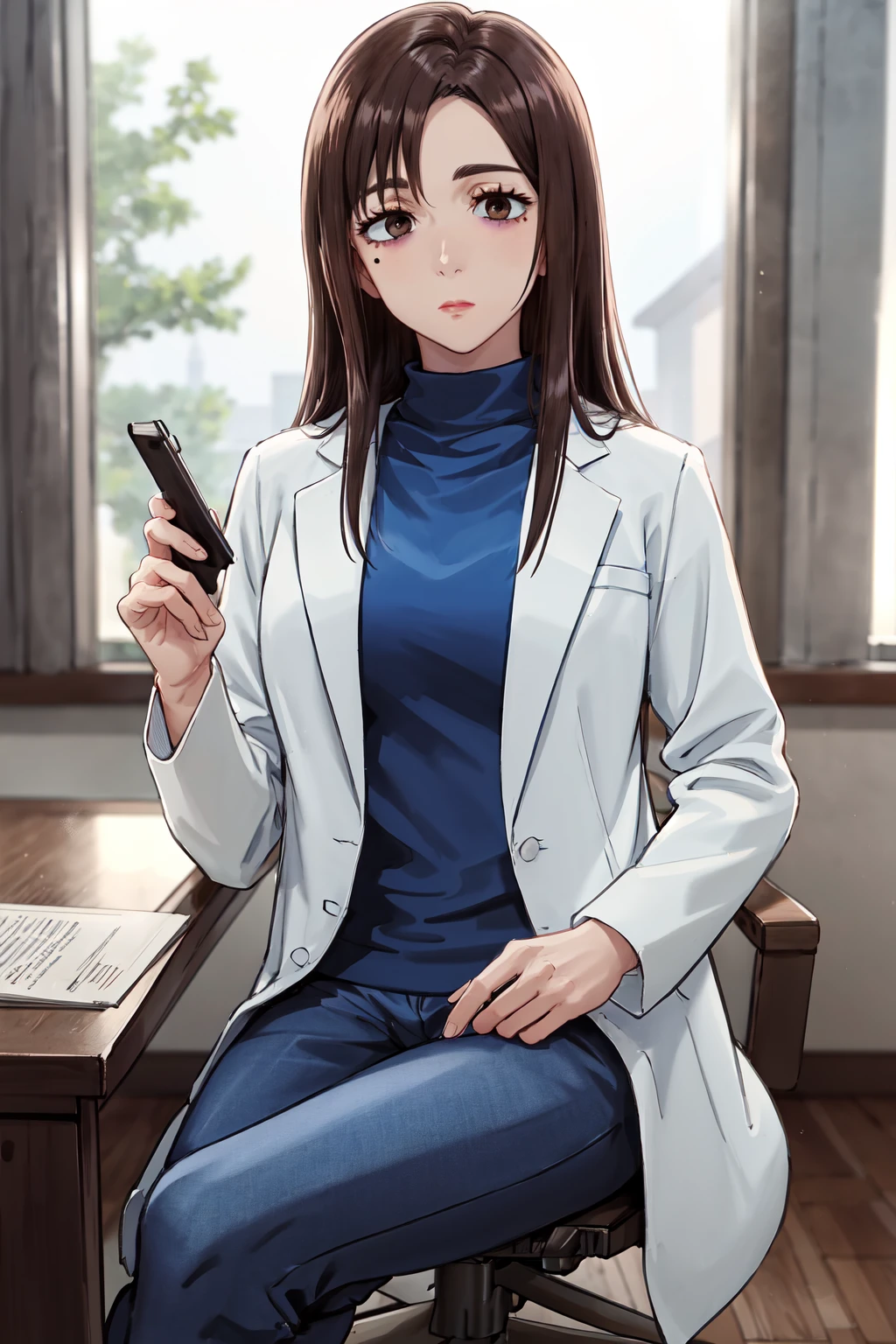 masterpiece,best quality,highres,ultra-detailed,aashoko,brown eyes,(mole under eye:0.8),makeup,long hair,labcoat,turtleneck,(blue sweater:1.2),long sleeves,(blue pants:1.2),high heels,white footwear,<lora:ieiri_shoko:0.8>,indoors,sitting,desk,chair,