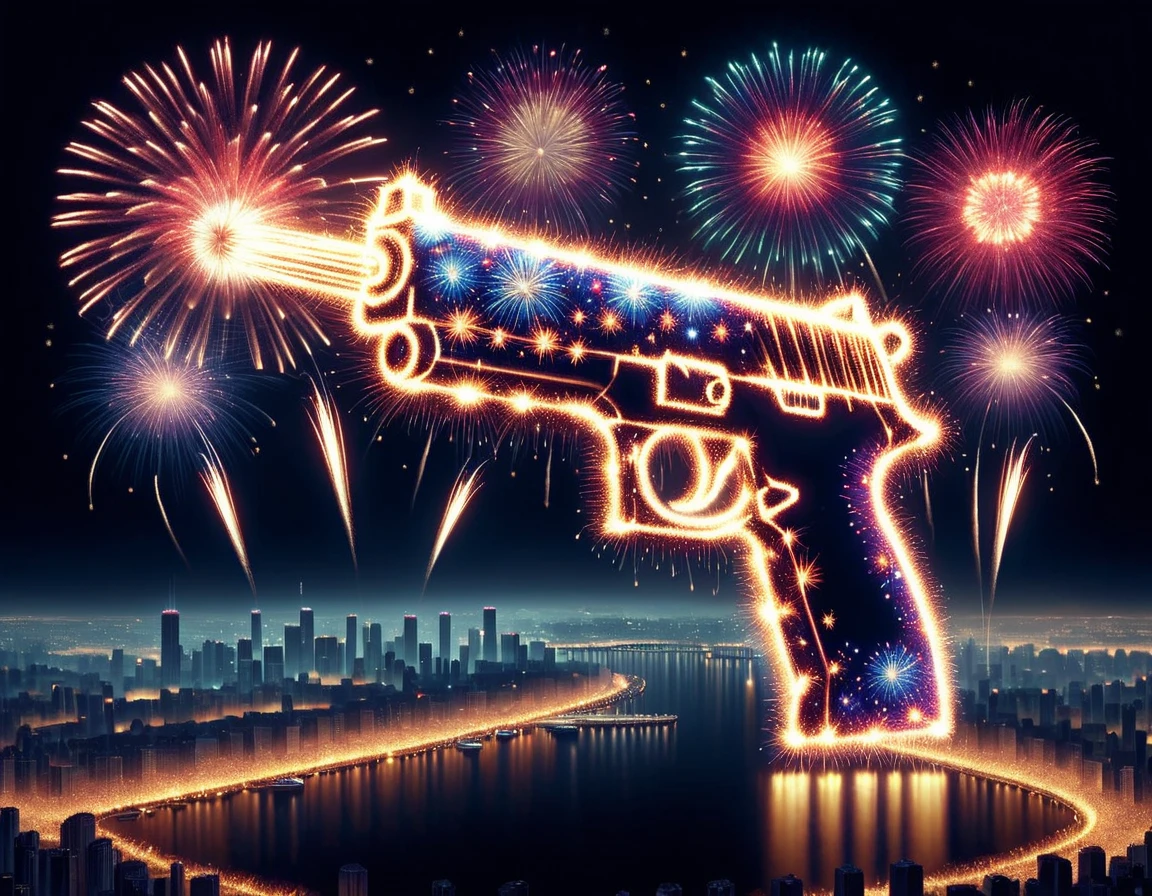 fireworkart, gun made of fireworks, above cityscape