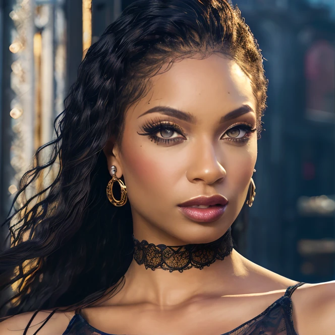 (masterpiece:1.2), (best quality,:1.2), 8k, HDR, ultra detailed, ((photorealistic)), professional light, cinematic lighting, fashion photography, ambient lighting, face lighting, Sarai, <lora:Sarai-10:1>, dynamic pose, earrings, dark makeup, choker, necklace, ((portrait shot)), <lora:detail_slider_v4:2>, OverallDetail, ffhanddetail, ffacedetail, skindetail,