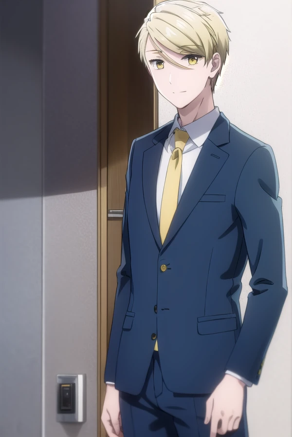 ryouamakusa, <lora:ryou amakusa s1-lora-nochekaiser:1>,
ryou amakusa, short hair, blonde hair, (yellow eyes:1.5), male focus, smile,
BREAK shirt, long sleeves, jacket, white shirt, necktie, pants, formal, blazer, suit, red necktie,
BREAK indoors, office,
BREAK looking at viewer, (cowboy shot:1.5),
BREAK <lyco:GoodHands-beta2:1>, (masterpiece:1.2), best quality, high resolution, unity 8k wallpaper, (illustration:0.8), (beautiful detailed eyes:1.6), extremely detailed face, perfect lighting, extremely detailed CG, (perfect hands, perfect anatomy),