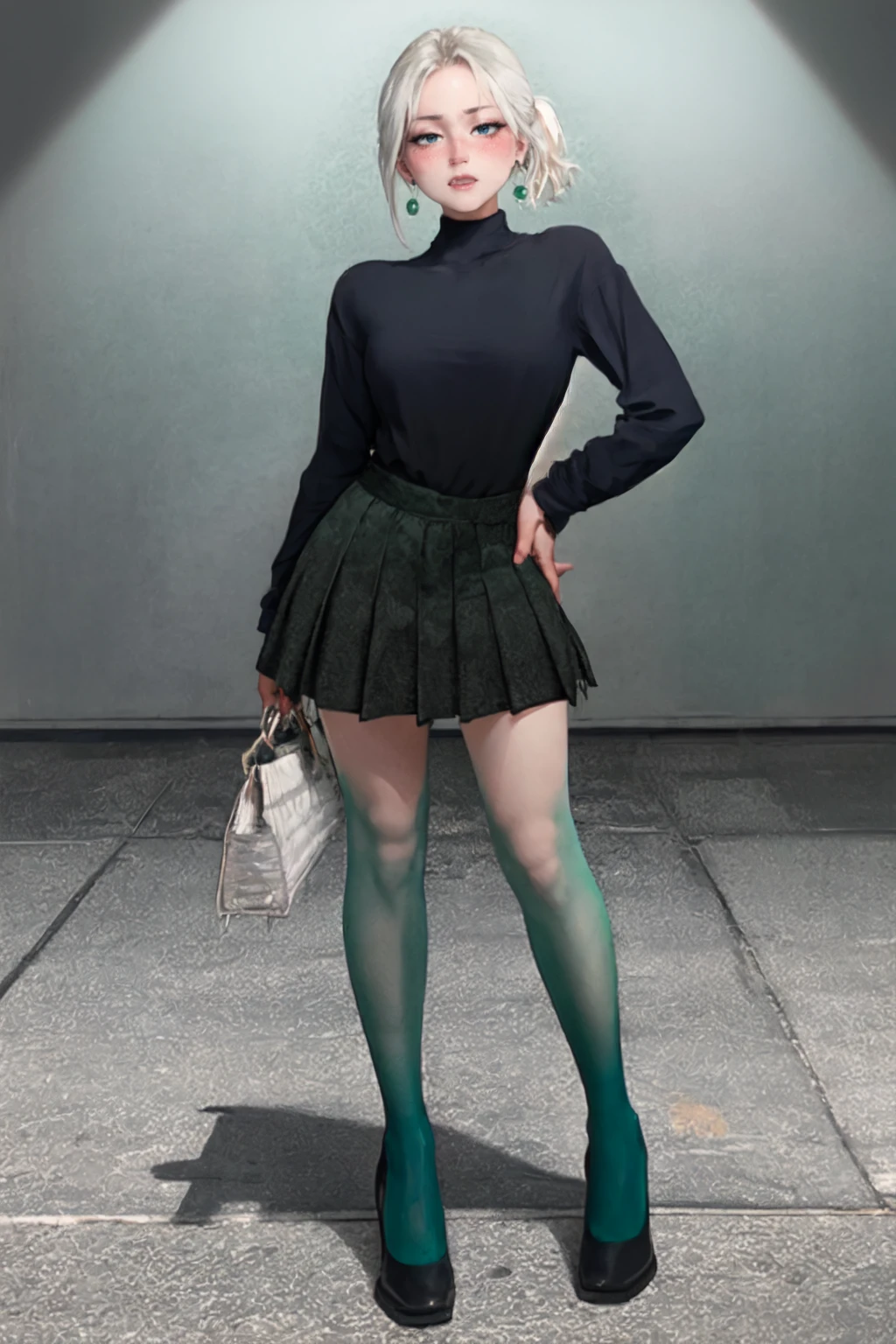 (masterpiece, best quality, absurdres, 8k:1.2),best lighting,simple_background,gray_background,
1girl,solo,full_body,standing,dynamic pose,white_short_hair,blush,
earrings,navy_pleated_miniskirt,long_legs,two-tone legwear,green_pantyhose,high_heels,<lora:gradient-000004:1:1:lbw=StocTest>,