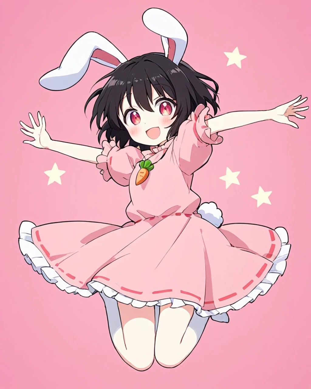 inaba tewi,1girl, solo, pink_dress, open_mouth, carrot_necklace, smile, rabbit_tail, blush, puffy_short_sleeves, looking_at_viewer, simple_background, full_body, rabbit_girl, jumping, arms_up, white_skin, rabbit, pink_background
<lora:inaba_tewi_image5751_2023-12-14-000008:1>,star-shaped_pupils,symbol-shaped_pupils,. gorgeous,key visual, vibrant, studio anime,award-winning, professional, highly detailed,high budget, cinemascope