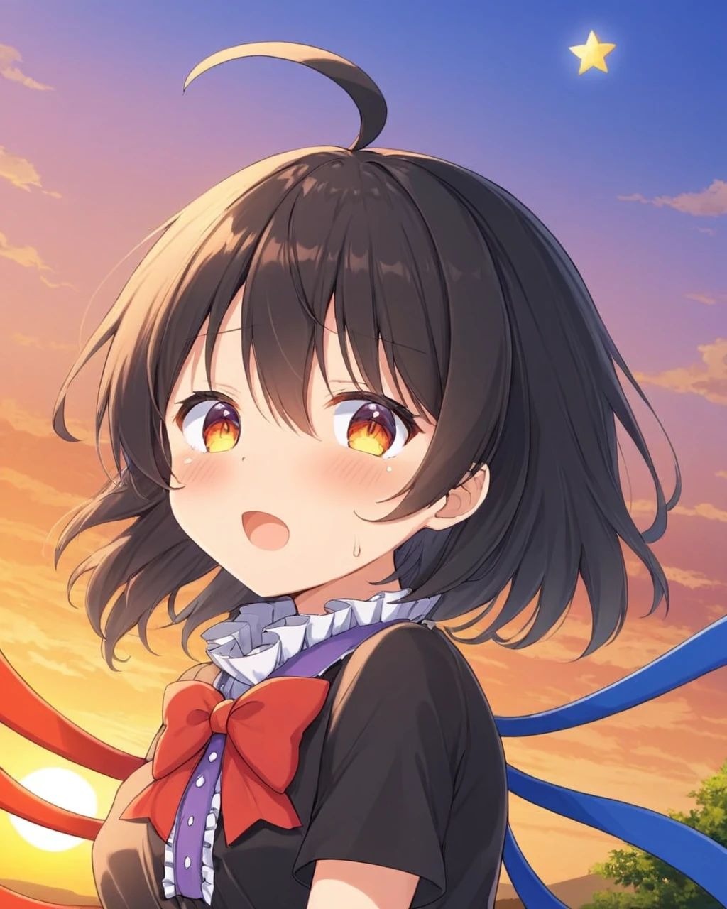 houjuu nue,1girl, solo, crying_with_eyes_open, open_mouth, looking_at_viewer, fang, heart-shaped_pupils, ahoge, red_bowtie, asymmetrical_wings, upper_body, sunset, outdoors, :d, blue_wings, center_frills, yellow_sky, black_dress, orange_sky, red_wings, cloudy_sky, nose_blush
<lora:houjuu_nue_image7311_2023-12-20:1>,star-shaped_pupils,symbol-shaped_pupils,. gorgeous,key visual, vibrant, studio anime,award-winning, professional, highly detailed,high budget, cinemascope