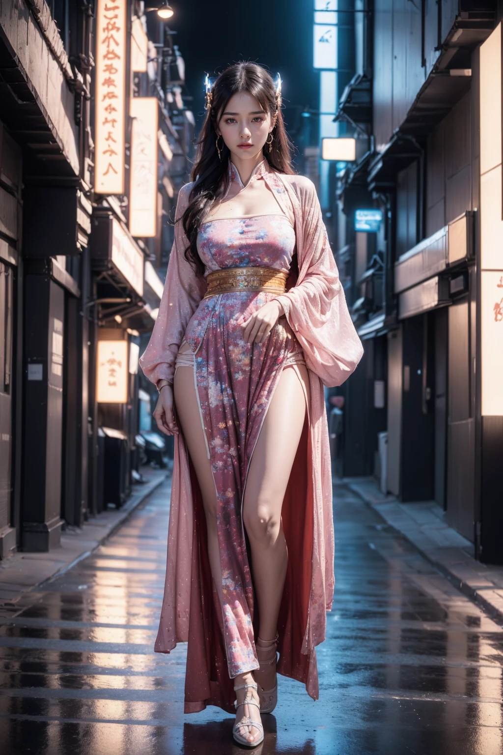 (best quality:1.4),(masterpiece:1.4),(photorealistic:1.4),(Realistic:1.2),(ultra high res, raw photo:1.4),(hdr, hyperdetailed:1.2),(8K:1.2),cinematic photo 1girl,<lora:CyberChineseClothes_A:0.7>,CyberChineseClothes,solo,cyberpunk,street,science fiction,long hair,neon lights,full body,lips,standing,outdoors,walking,headgear,(chinese clothes:1.15),road,breasts,black hair,looking at viewer,city,realistic,cyborg,arms at sides,jewelry,