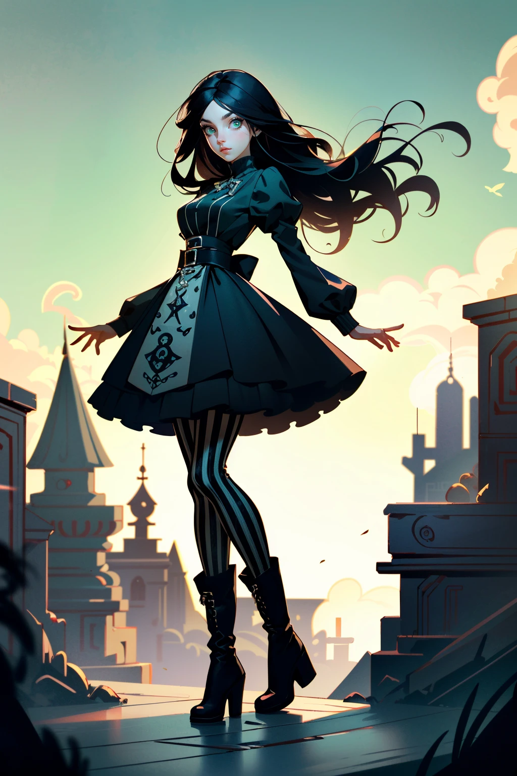 ((ultra detailed, masterpiece, best quality))
<lora:AliceMadness:0.8>
AliceMadness, 1girl, solo, long hair, black hair, green eyes, striped pantyhose, boots, blue dress