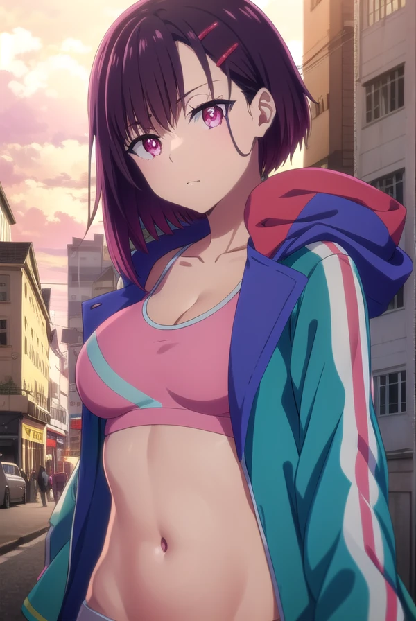 shizukamikazuki, <lora:shizuka mikazuki s1-lora-nochekaiser:1>,
shizuka mikazuki, short hair, purple hair, hair ornament, hairclip, (pink eyes:1.5), swept bangs,
BREAK navel, cleavage, jacket, open clothes, midriff, hood, open jacket, blue jacket, hooded jacket, sports bra, hood down,
BREAK outdoors, city, sky, sun, clouds, buildings,
BREAK looking at viewer,
BREAK <lyco:GoodHands-beta2:1>, (masterpiece:1.2), best quality, high resolution, unity 8k wallpaper, (illustration:0.8), (beautiful detailed eyes:1.6), extremely detailed face, perfect lighting, extremely detailed CG, (perfect hands, perfect anatomy),